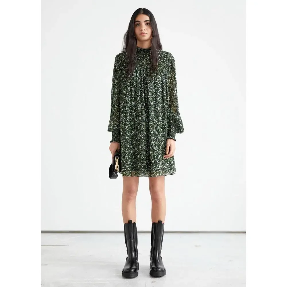 Reformation Brandi Green Floral Long Sleeve Smocked Mock Neck Mini Dress Size S - Picture 1 of 8